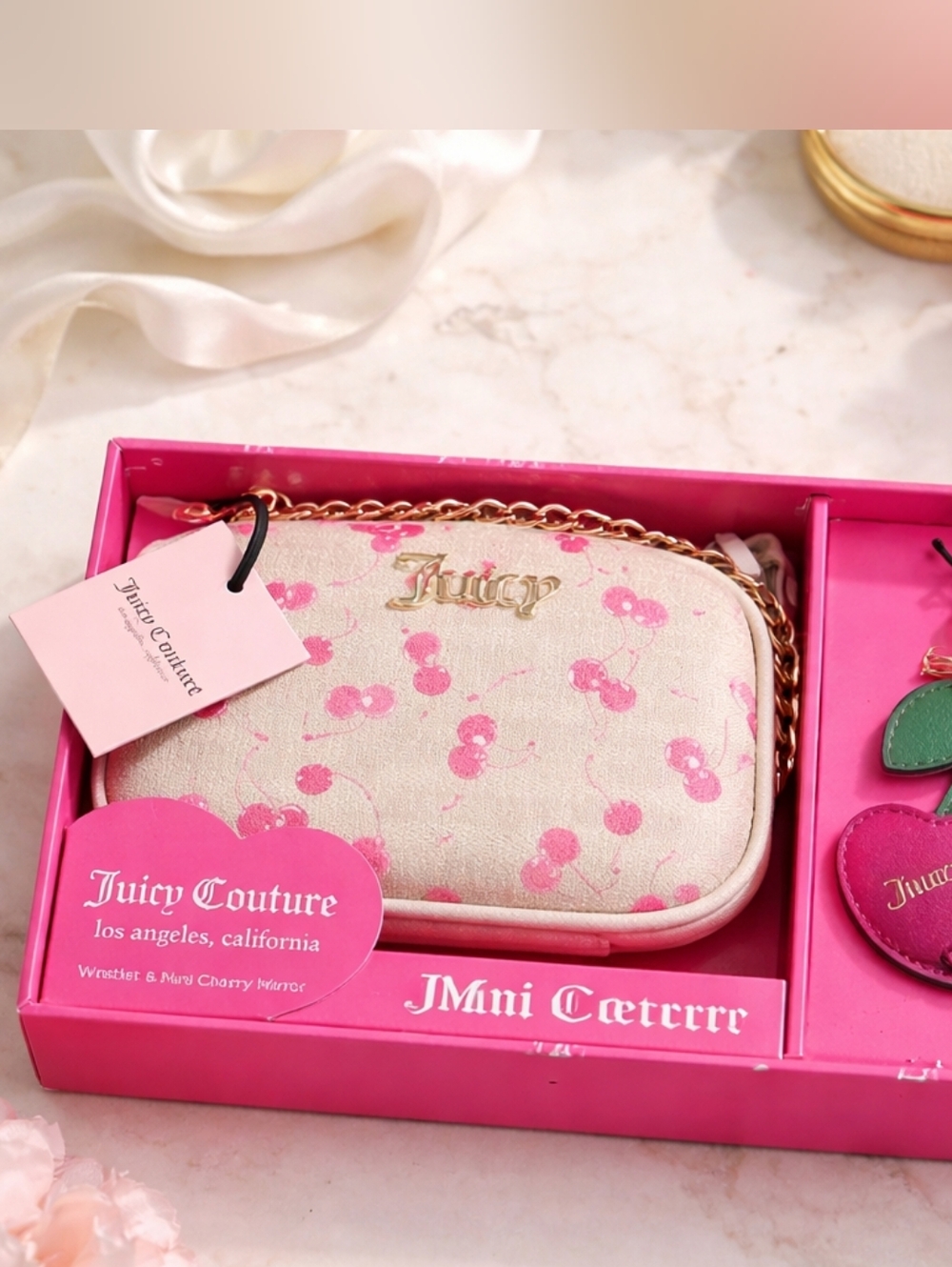 Juicy Couture Pink Cherry Print Crossbody Bag And Cherry Charm